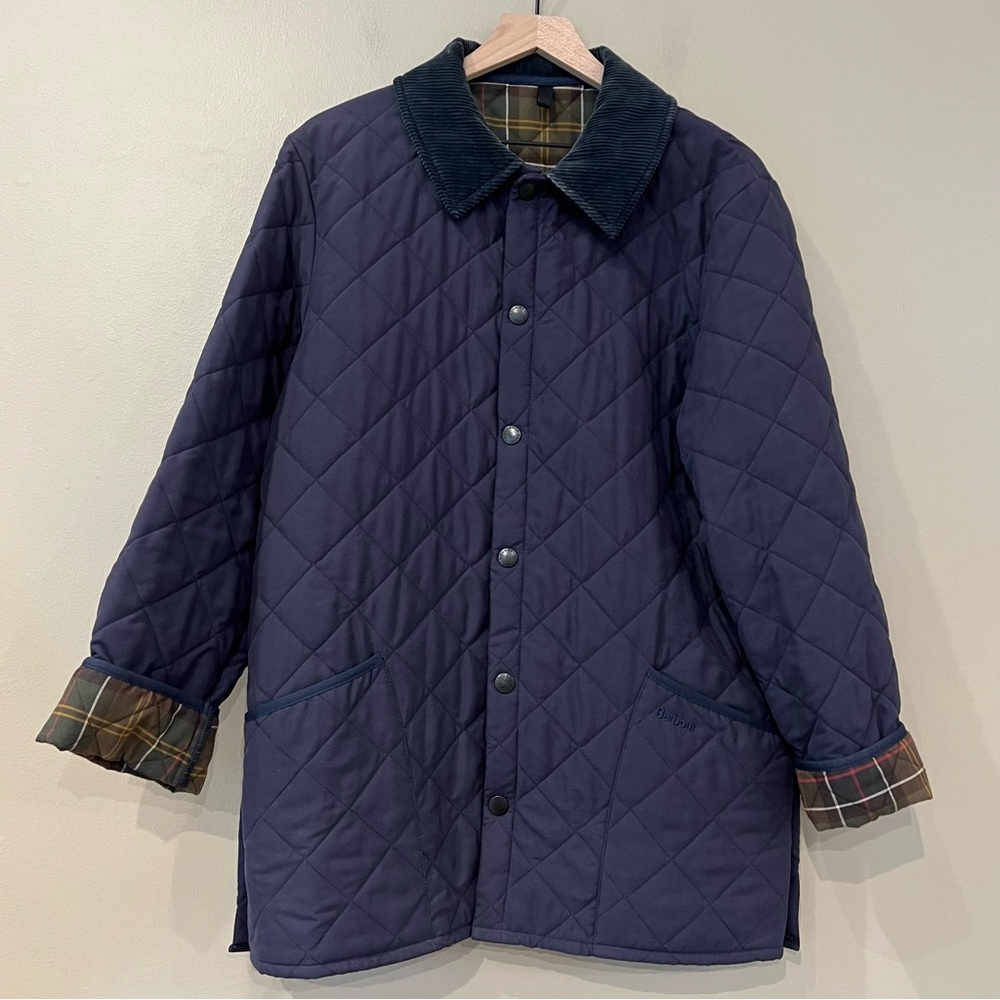 Barbour Eskdale Quilted Corduroy Chore Jacket Sz Small Navy Tartan Plaid Lined